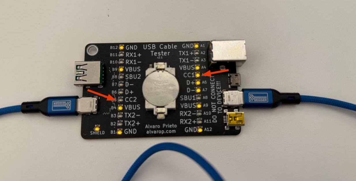 Segger cable connected to USB cable tester