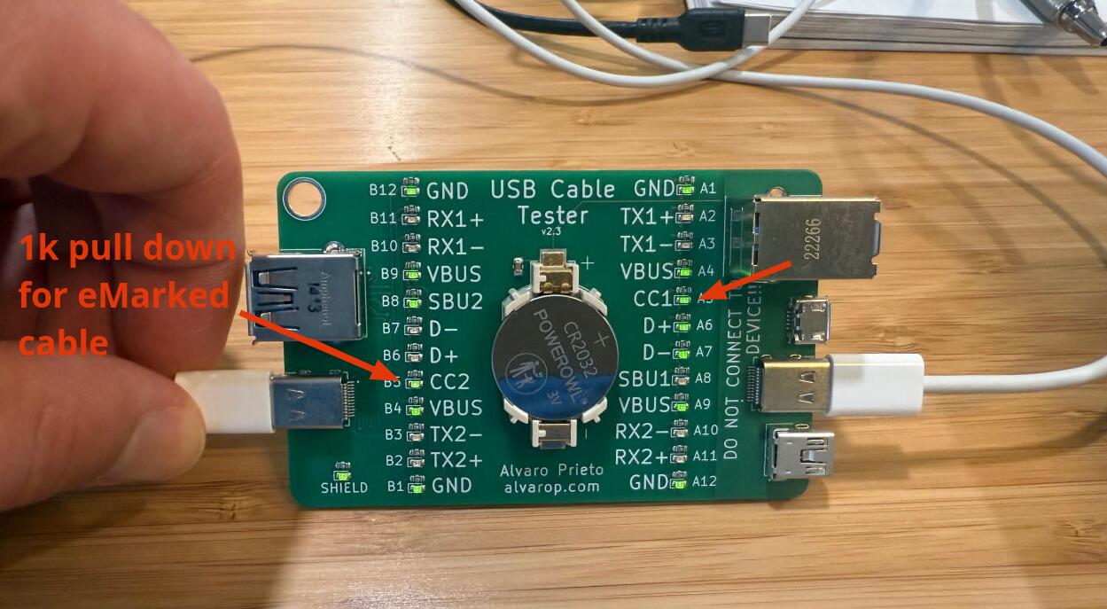 eMarked cable connected to USB cable tester